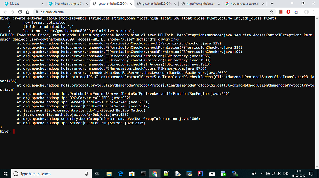 Unable to create External Table in Hive Lab Support CloudxLab